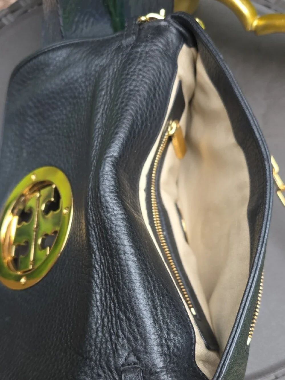 Tory Burch Black Pebbled Leather Crossbody with Gold Logo and Chain Strap